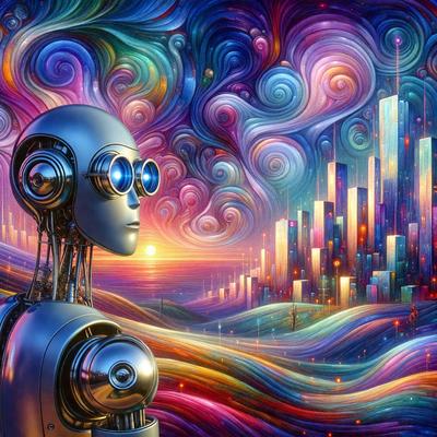 Primary subject: A robot with goggles and a futuristic city in the background.

Setting/background: The robot is standing in front of a colorful, swirling background that resembles a painting or a digital artwork.

Visual style: The image is a digital artwork or illustration.

Colors and mood: The colors are vibrant and lively, creating a sense of excitement and wonder. The mood is futuristic and imaginative.